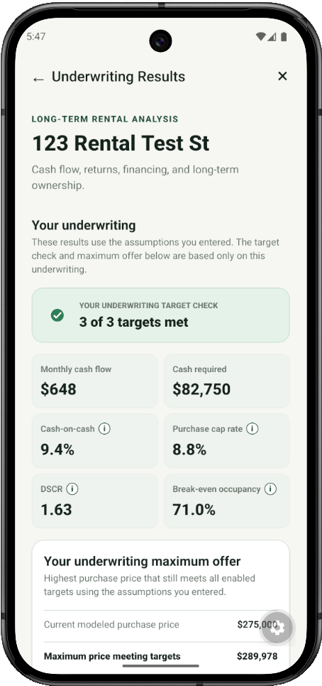 High Limit Underwrite results showing three underwriting targets met and key property investment metrics