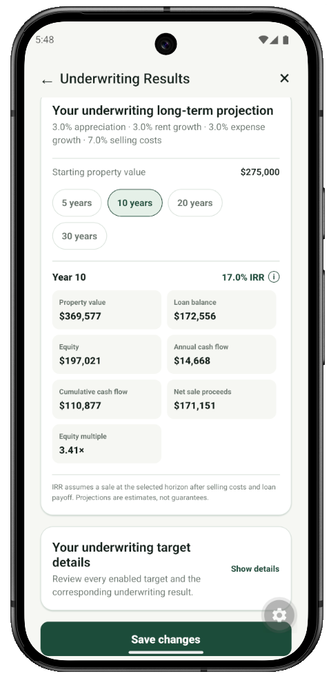 High Limit Underwrite ten-year projection showing property value, loan balance, equity, cash flow, sale proceeds, equity multiple, and IRR